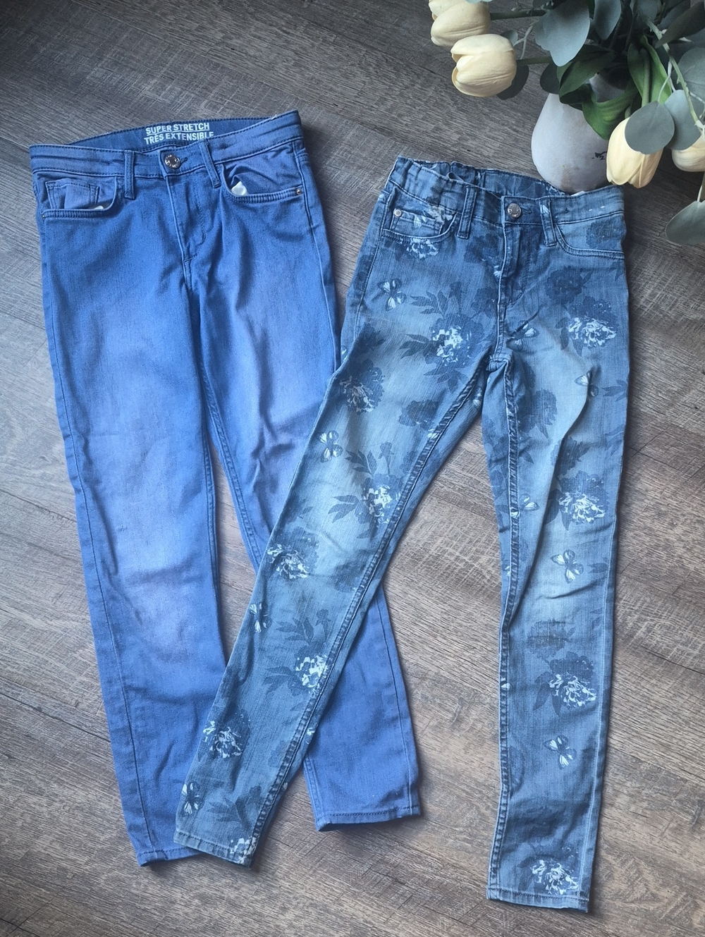 H&M Kids Girls Skinny Jeans — Solid Blue & Blue Floral Print Stretchy 9-10